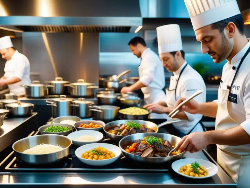 Vibrante cocina francesa en acción durante el servicio de cena, chefs preparando platos tradicionales