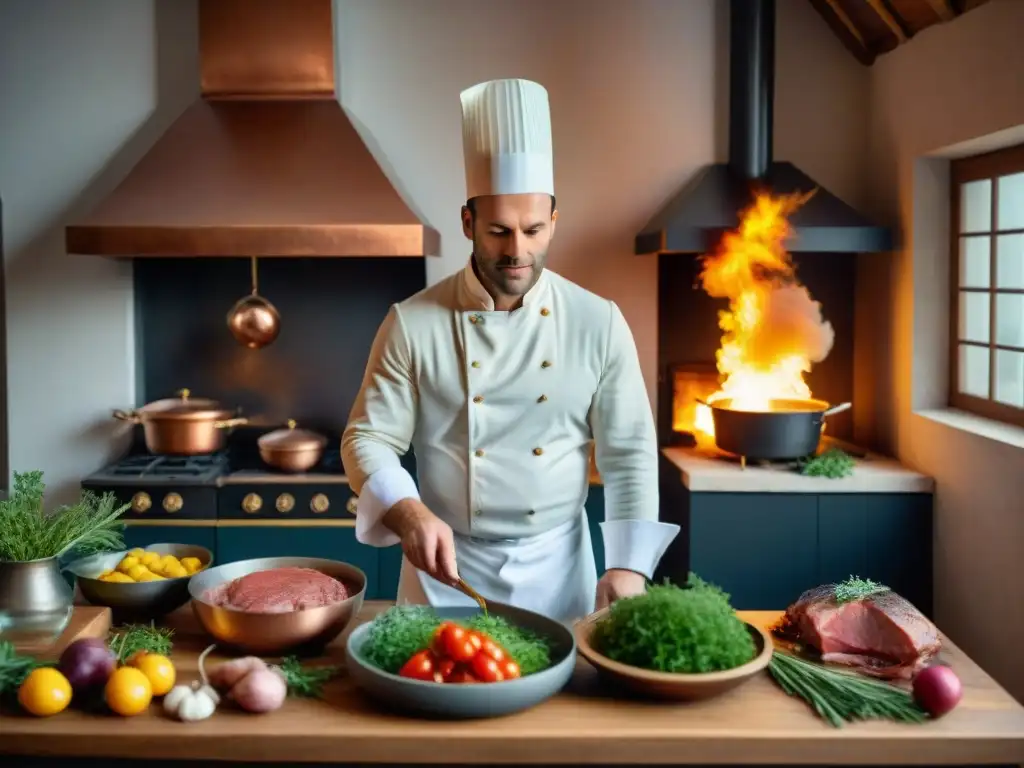 Vibrante cocina francesa del siglo XVIII, chefs preparando platos con precisión