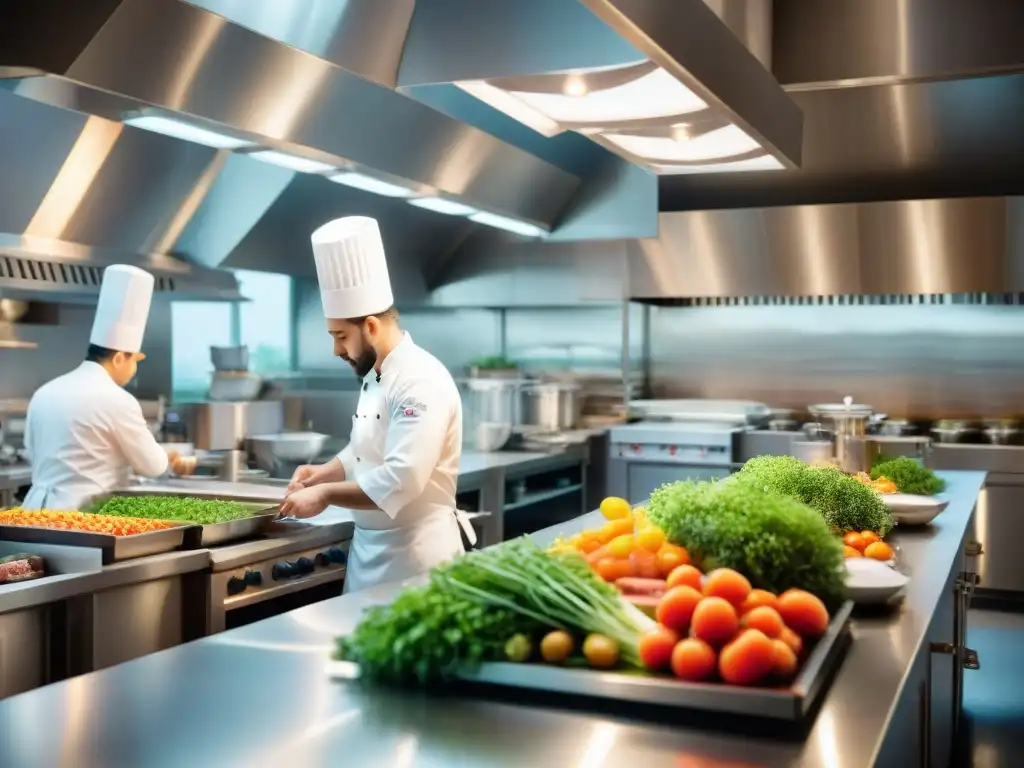 Vibrante cocina francesa sostenible en restaurante, chefs preparando platos con precisión rodeados de alimentos frescos