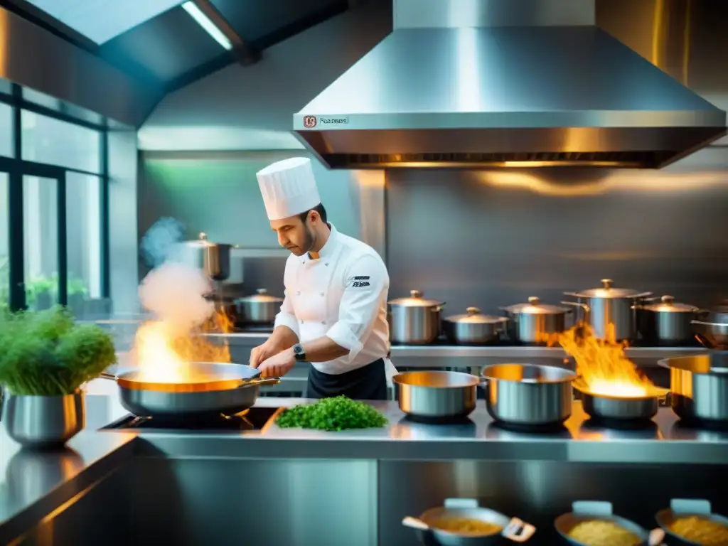 Vibrante cocina de restaurante Estrella Michelin con chefs en uniformes blancos preparando platos sostenibles con ingredientes locales y de temporada