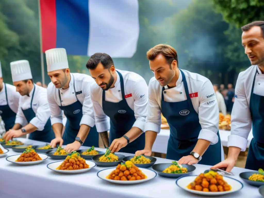 Vibrante competencia culinaria en Francia con chefs preparando platos bajo presión en concursos gastronómicos en Francia