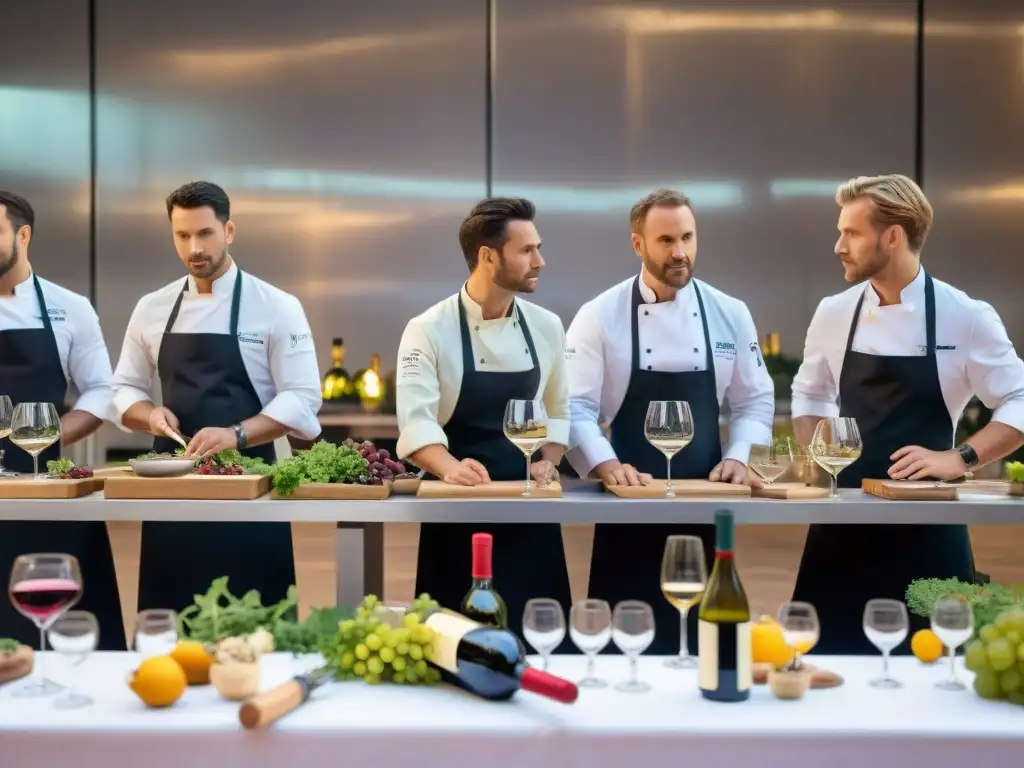 Vibrante competencia culinaria con vino en cocina iluminada, chefs concentrados y jueces atentos