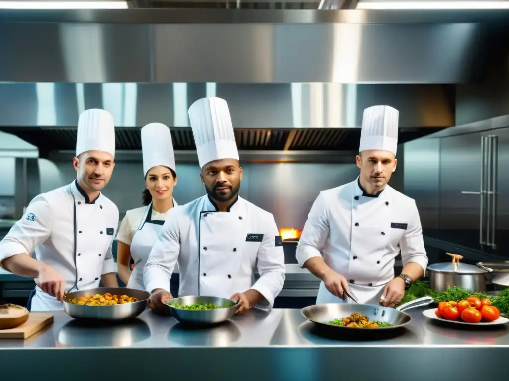 Un vibrante concurso de cocina francesa innovador en una cocina tradicional, chefs en acción y platos vanguardistas