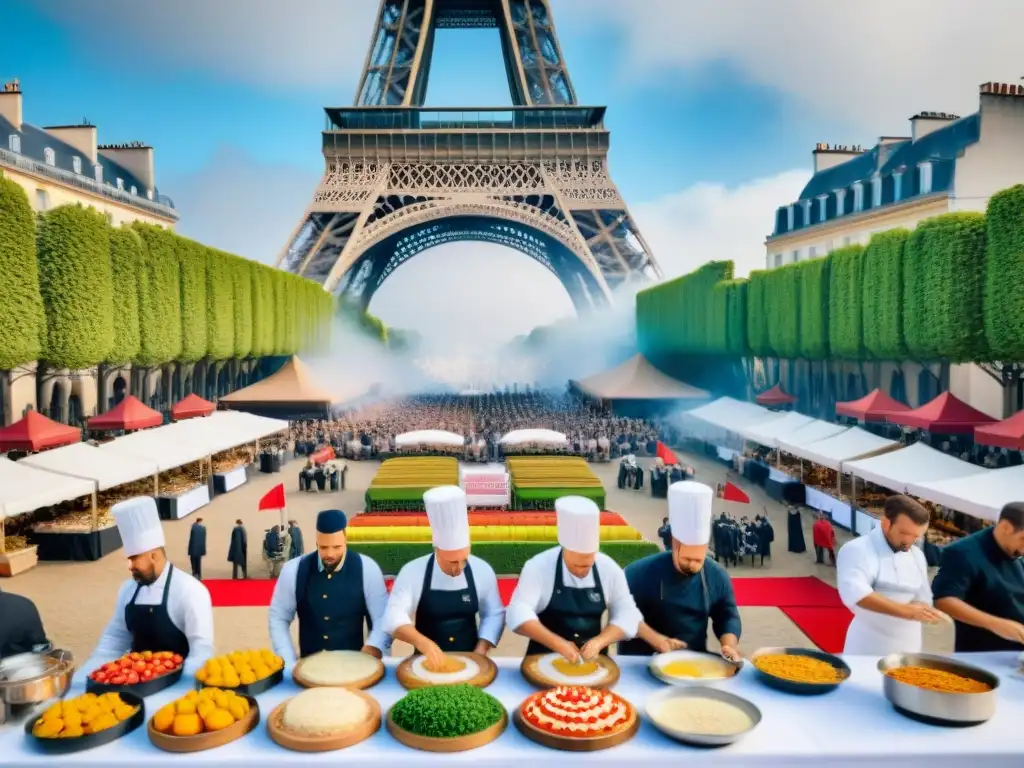 Vibrante concurso gastronómico en Francia, chefs preparan platos bajo carpas con la bandera francesa ondeando