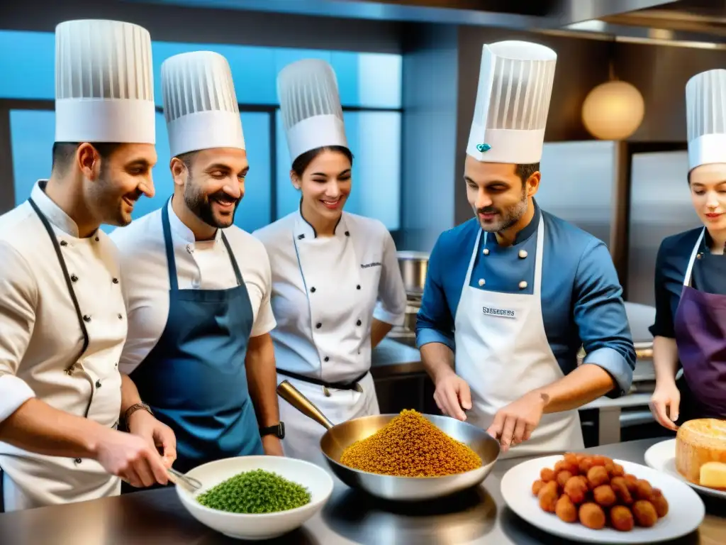 Un vibrante encuentro culinario en una escuela culinaria francesa, fusionando tradiciones gastronómicas globales