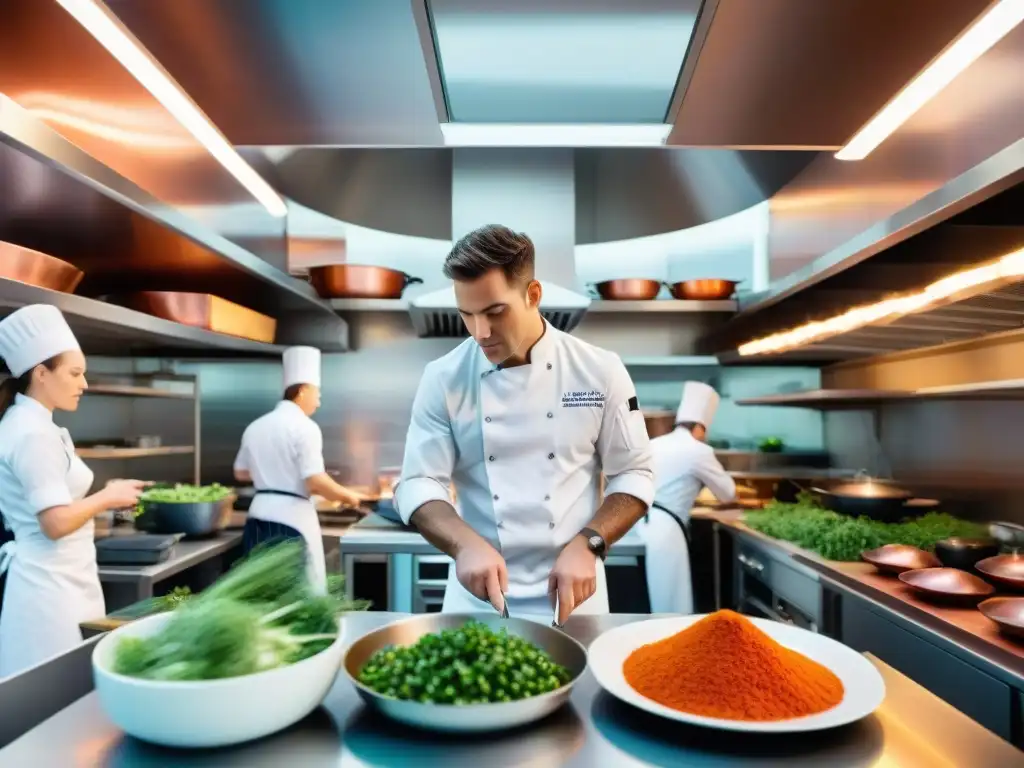 Cocina de escuela culinaria francesa: intensidad y movimiento Vibrante escena de una bulliciosa escuela de cocina francesa llena de estudiantes concentrados en sus tareas culinarias