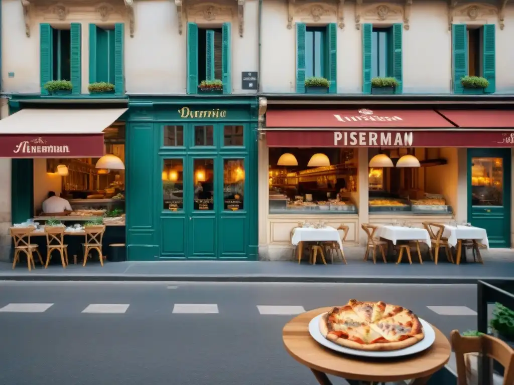 Una vibrante escena callejera parisina con una pizzería italiana, fusionando la historia de la pizza con la influencia francesa