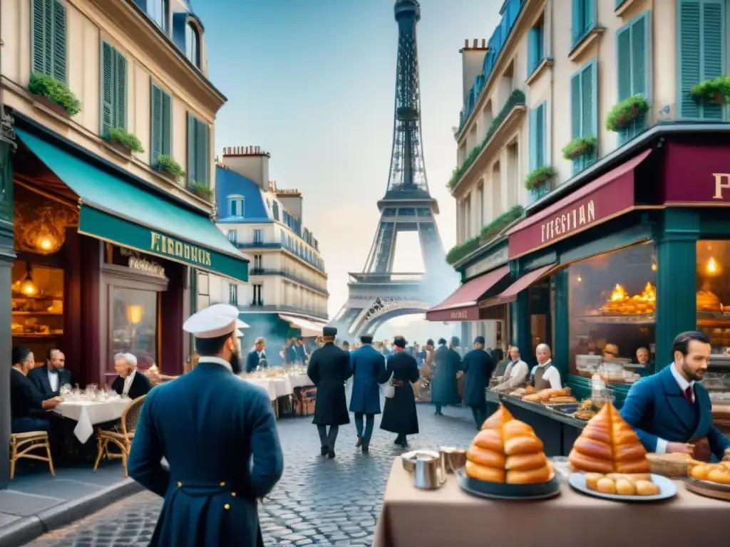 Vibrante escena callejera parisina del siglo XIX con cafés elegantes, la Torre Eiffel y la influencia cultural de la historia gastronomía francesa