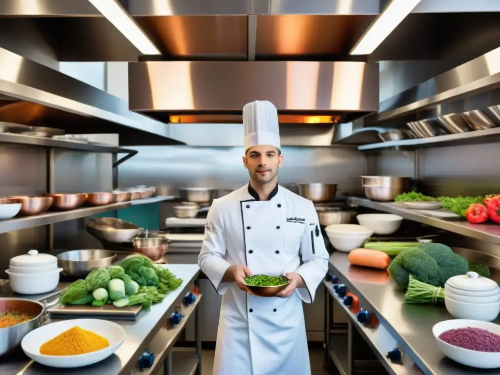 Vibrante escena en una cocina de escuela culinaria francesa con estudiantes y chefs, influencia gastronomía francesa cocina mundial