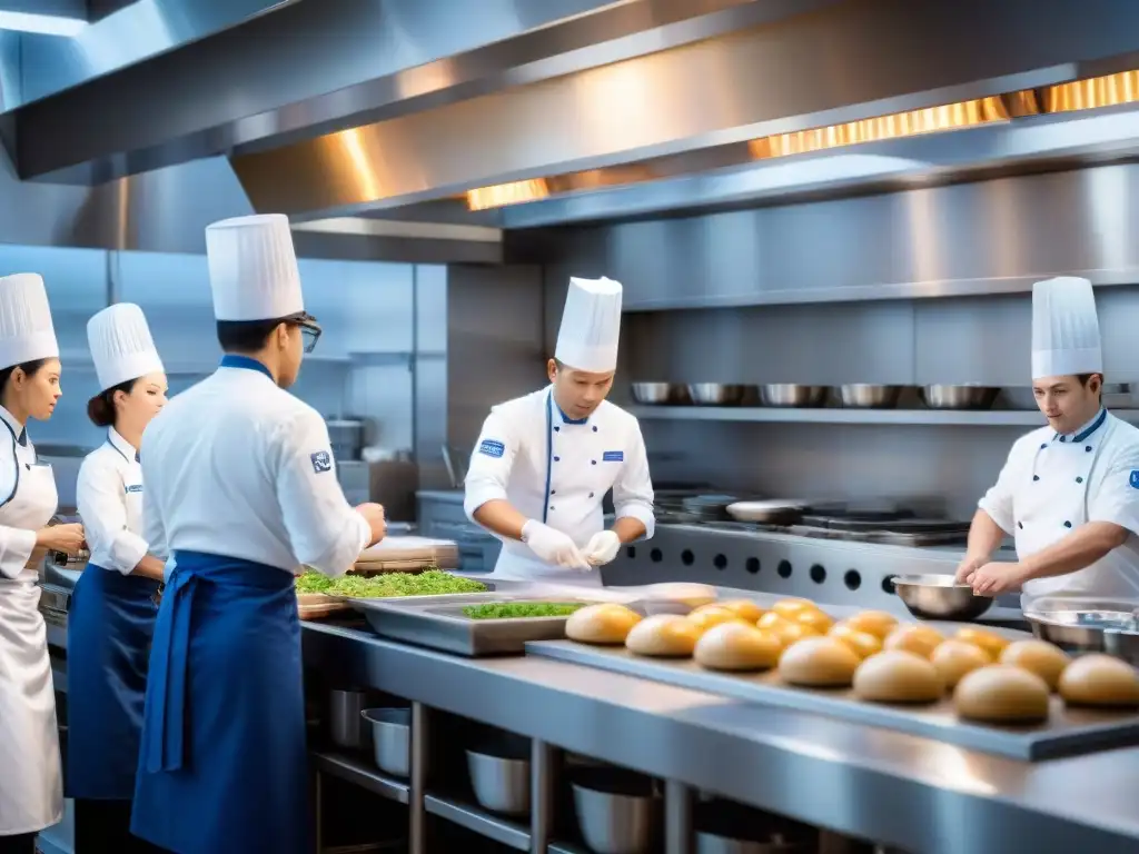 Vibrante escena en la cocina de la escuela culinaria Le Cordon Bleu, con estudiantes y chefs trabajando en armonía