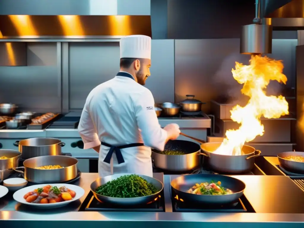 Vibrante escena de cocina francesa innovadora en un bullicioso bistró, con chefs expertos y ambiente acogedor