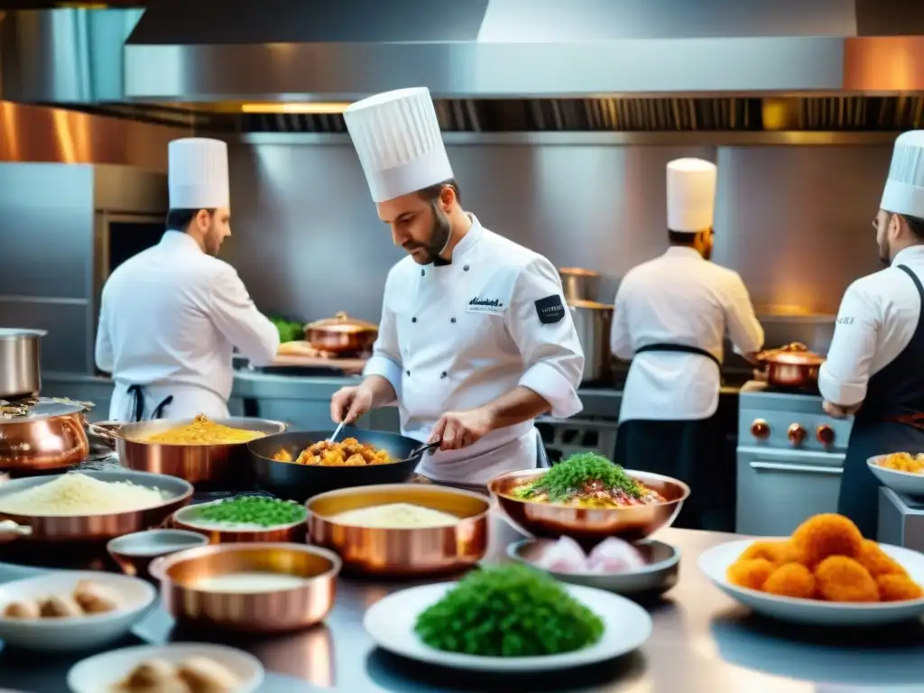 Vibrante escena de cocina francesa con chefs preparando platos innovadores, reflejando la evolución gastronómica e influencia cultural