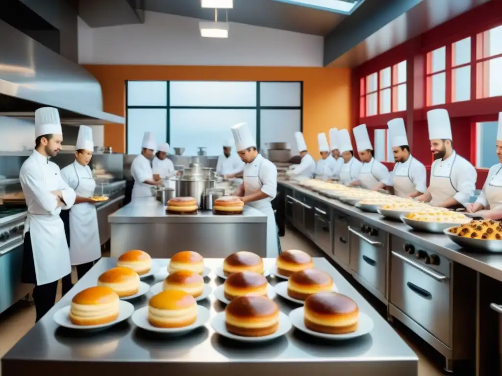 Una vibrante escena de cocina francesa para estudiantes internacionales perfeccionando técnicas culinarias en una escuela gastronómica