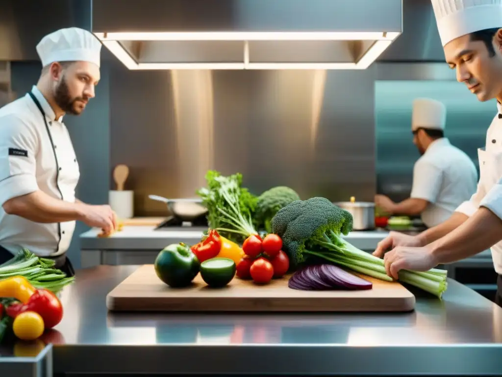 Vibrante escena en una cocina profesional, destacando la importancia de la mise en place con chefs concentrados en sus tareas