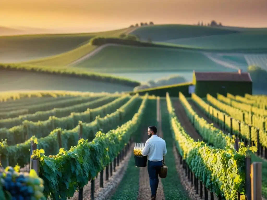 Vibrante escena de cosecha de uvas para champagne al atardecer, con bodega tradicional al fondo