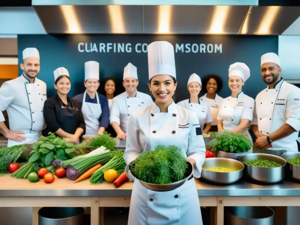 Una vibrante escena de enseñanza culinaria francesa innovadora en una prestigiosa escuela culinaria