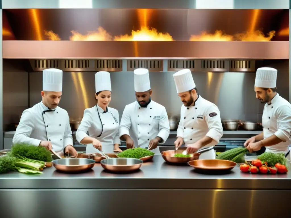 Vibrante escena en una escuela de cocina en Francia: chefs en entrenamiento preparan platos franceses con precisión y pasión