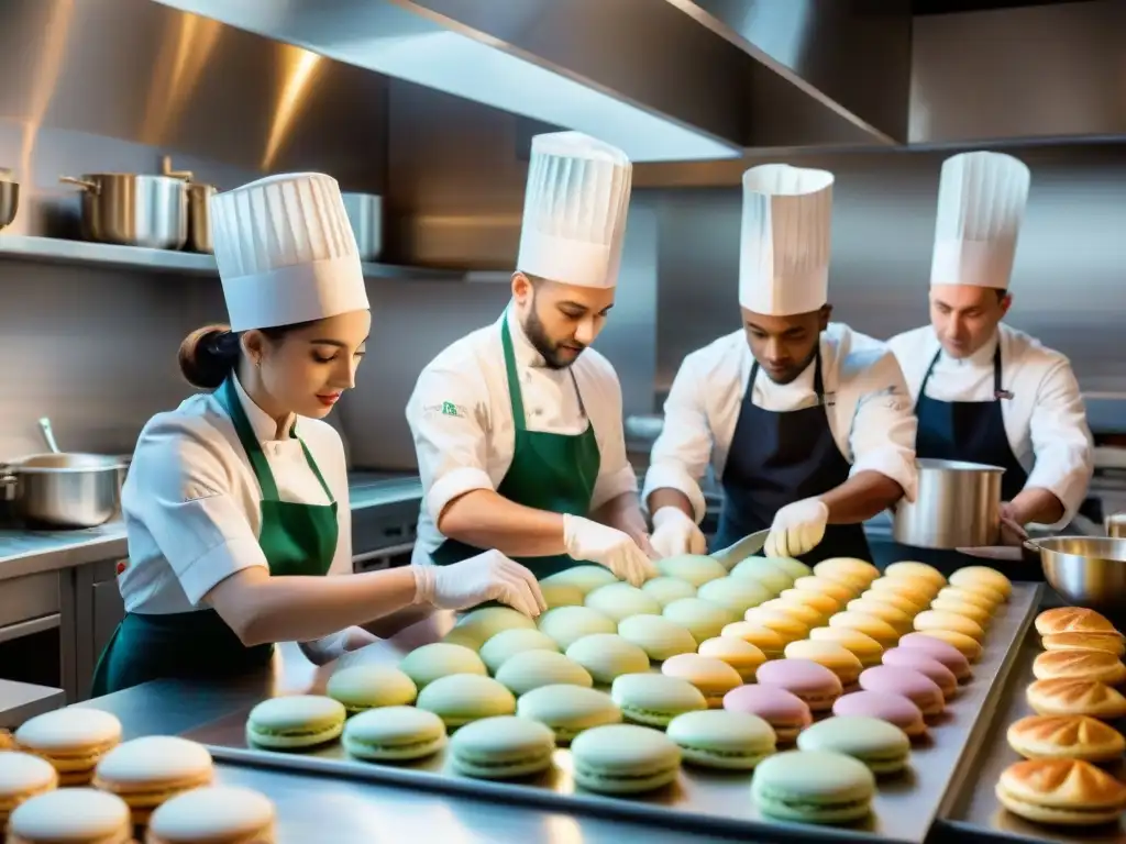 Vibrante escena en escuela de cocina francesa, alumnos creando pastelería con maestro chef