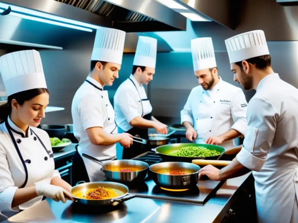 Escuela culinaria francesa: pasión en acción Vibrante escena en la escuela de cocina francesa: estudiantes y chefs experimentados trabajando juntos en un ambiente profesional