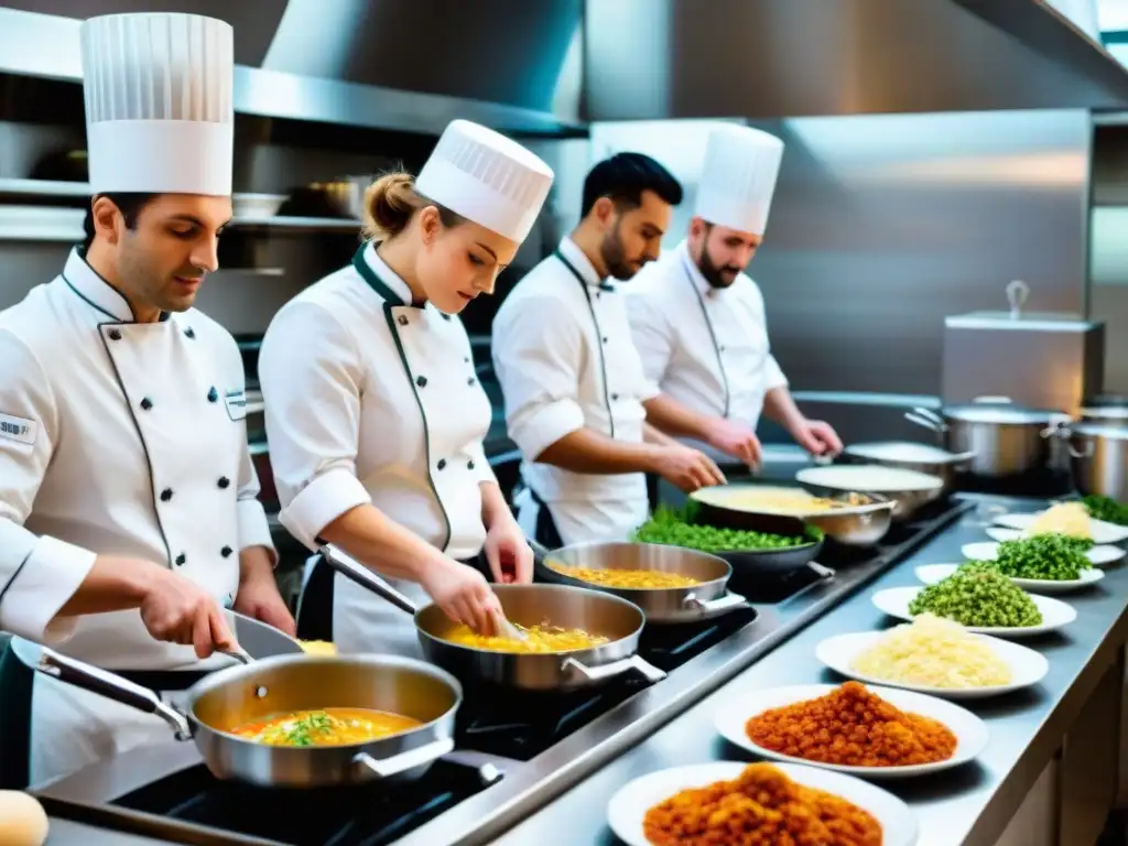 Vibrante escena en una escuela de cocina en Francia: alumnos preparan platillos franceses bajo la atenta mirada de instructores