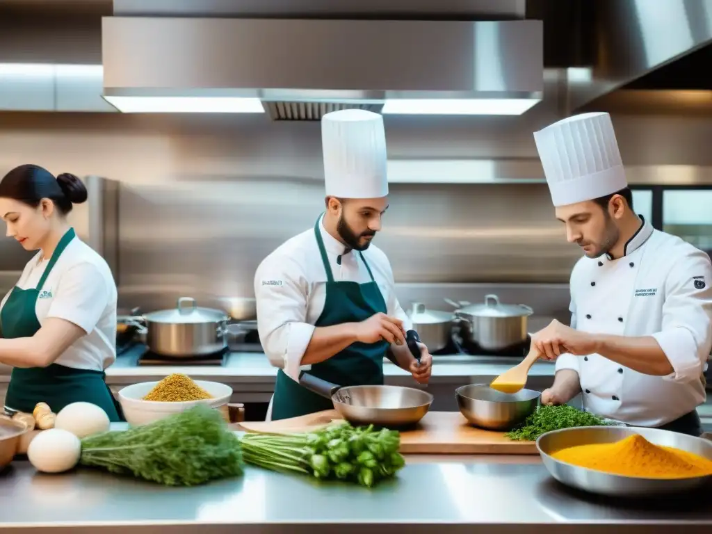 Una vibrante escena en una escuela culinaria prestigiosa en Francia, donde estudiantes y chef instructor se enfocan en la excelencia culinaria