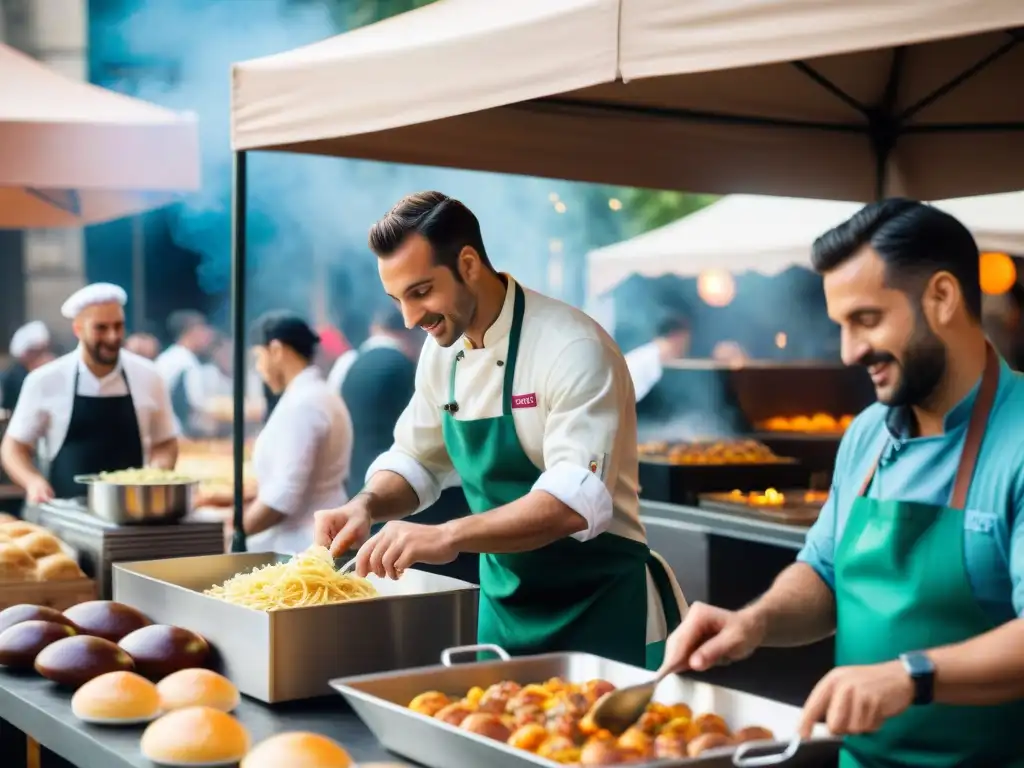 Vibrante escena de festival culinario francoitaliano con chefs preparando delicias en puestos de comida, rodeados de festivaleros emocionados