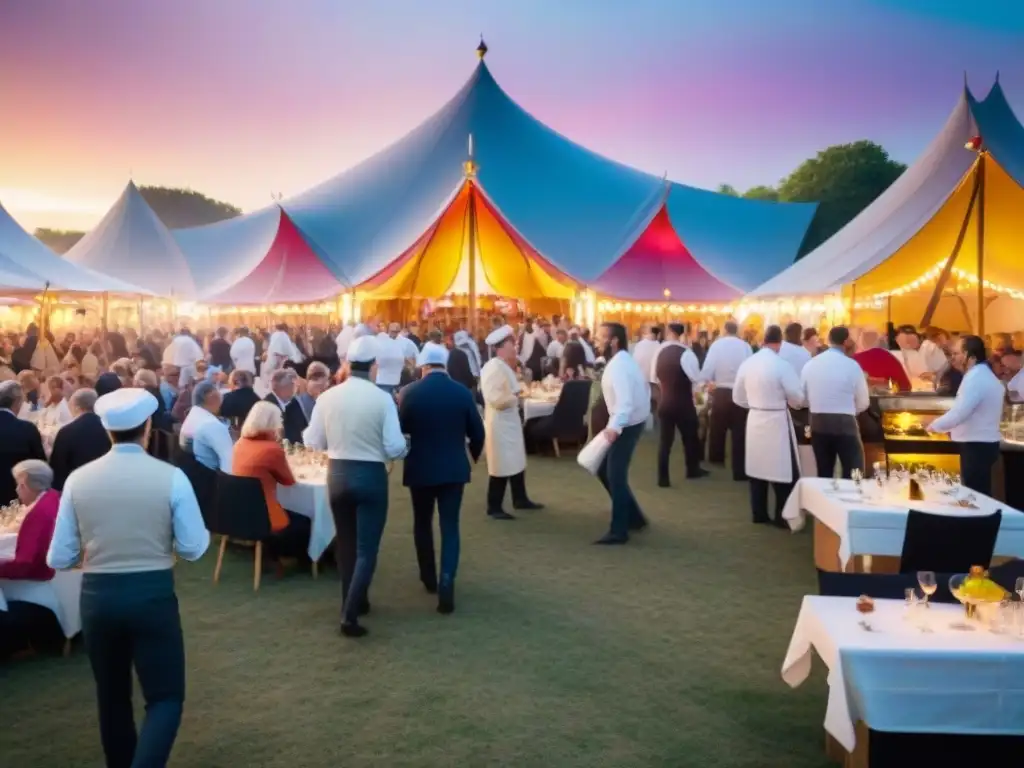 Vibrante escena de festival gastronómico en Francia con chefs preparando platos bajo carpas coloridas y música francesa en vivo de fondo