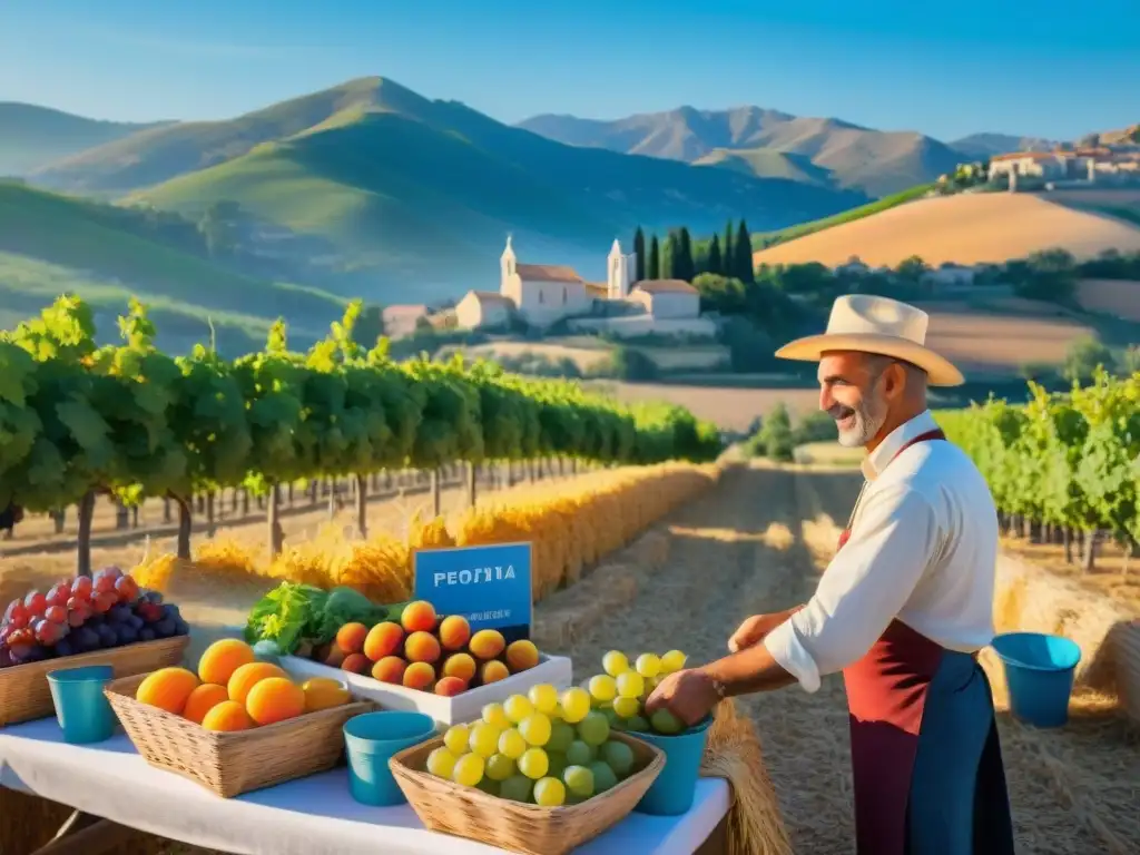 Una vibrante escena de la Fiesta de Cosecha en Provenza, con granjeros locales recolectando uvas, trigo y vegetales, rodeados de delicias francesas