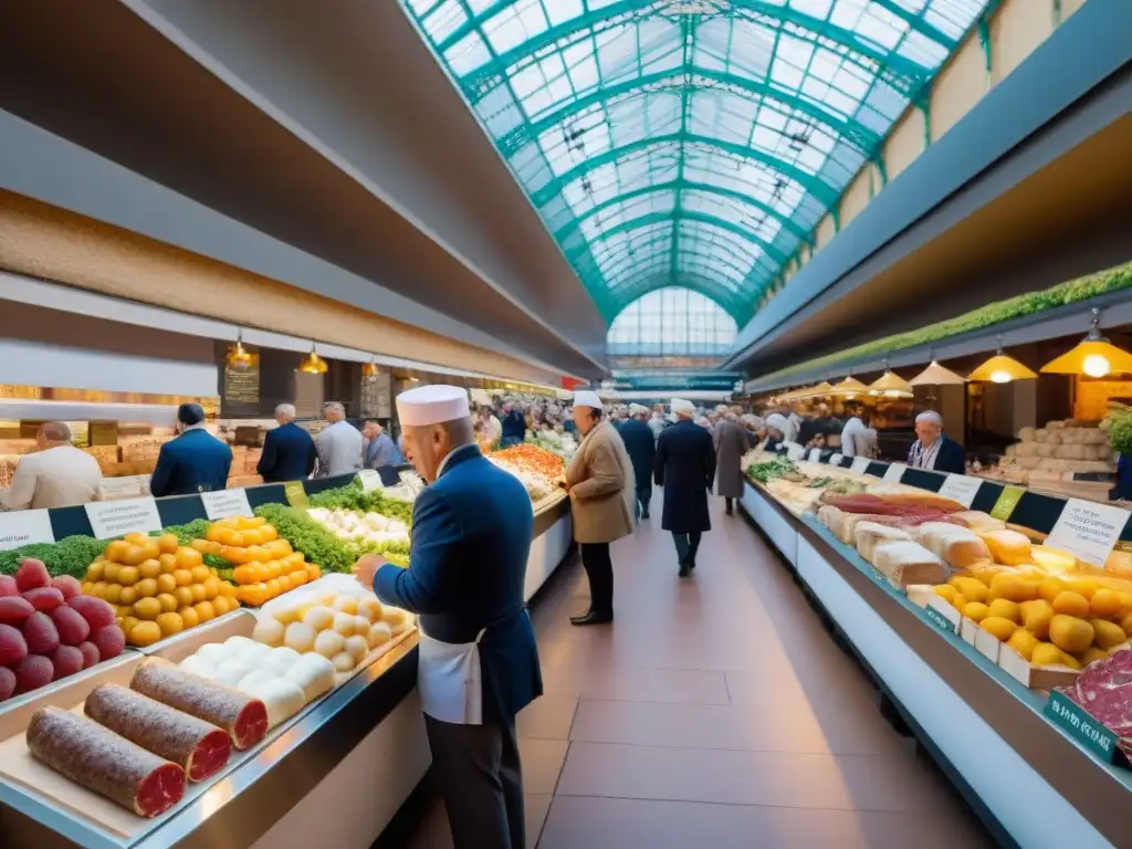 Vibrante escena de la gastronomía francesa tradicional e innovadora en Les Halles de Lyon Paul Bocuse, con colores y texturas cautivadores