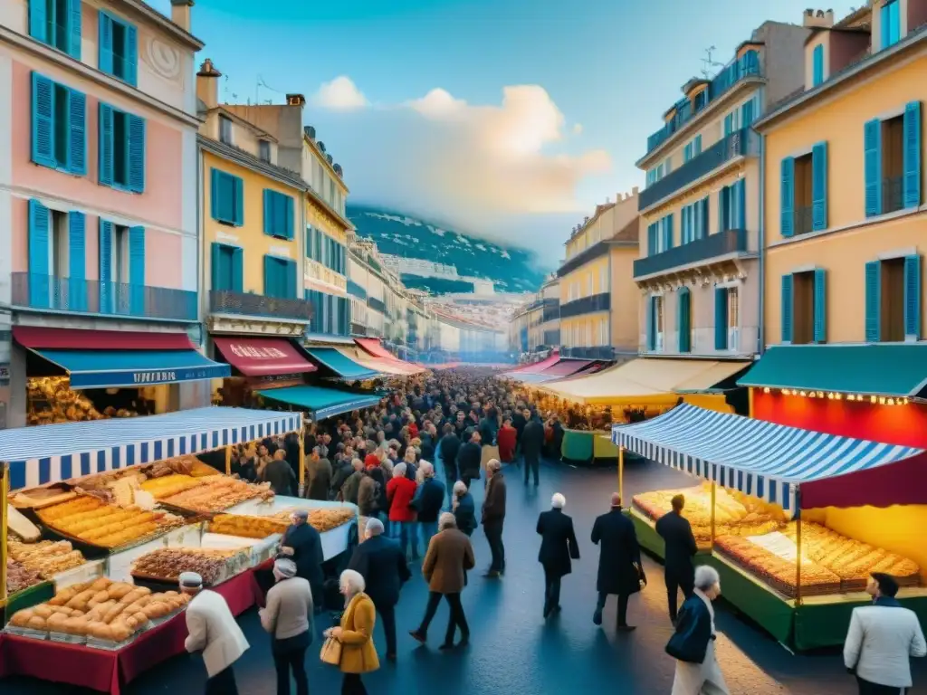 Vibrante escena gastronómica durante el Carnaval de Niza, con delicias de la gastronomía francesa y edificios históricos de fondo