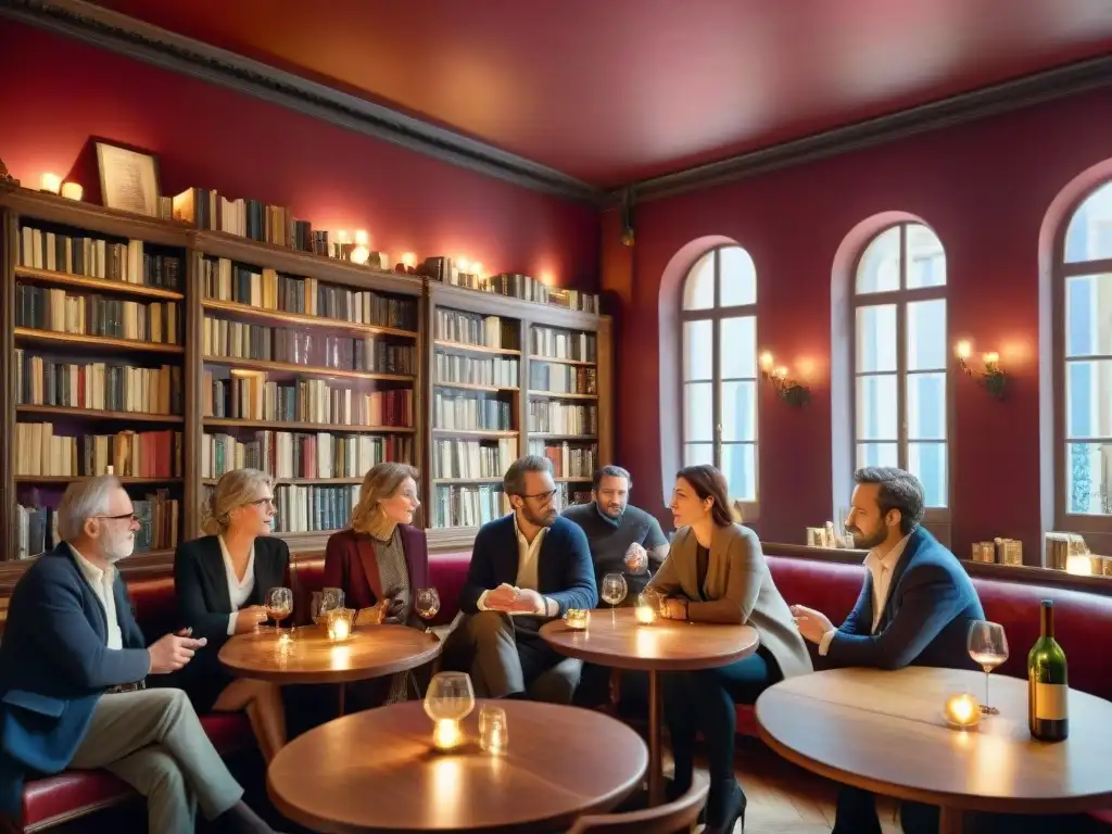 Conversaciones literarias en un café francés Vibrante escena en café francés: intelectuales debaten entre vino y literatura