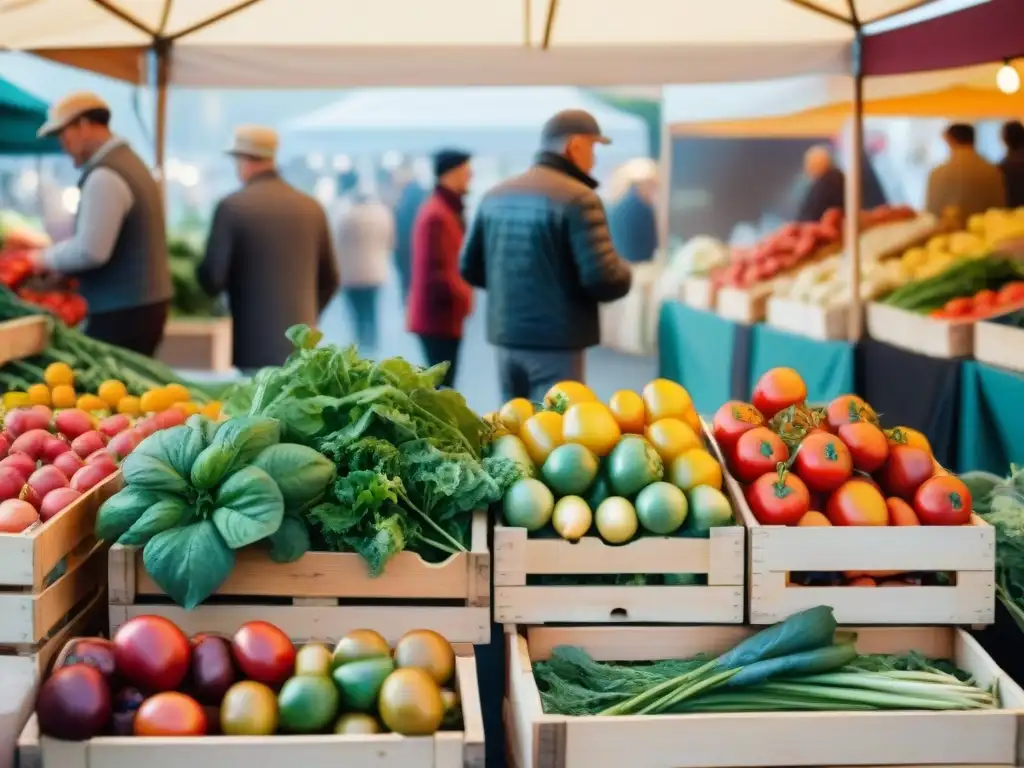 Una vibrante escena de un mercado francés con vegetales frescos, resaltando la dieta vegetariana en gastronomía francesa