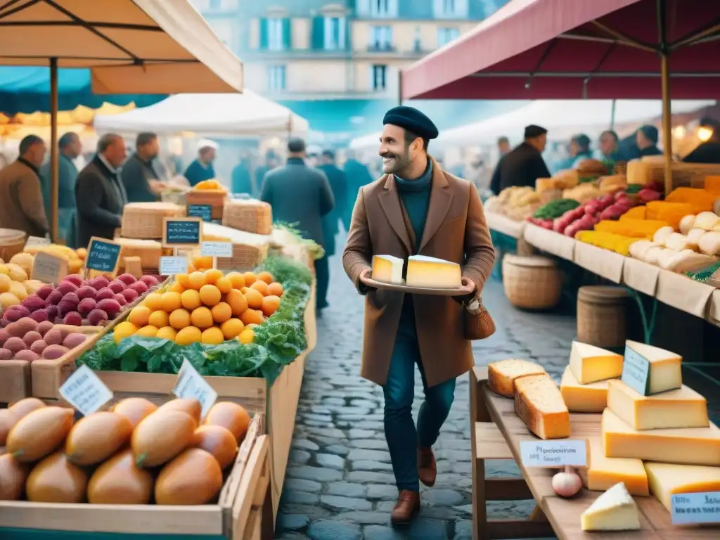 Vibrante escena de mercado francés con diversidad gastronómica