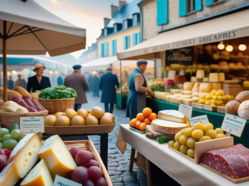 Vibrante escena de un mercado francés con comida y arte en un bullicioso ambiente