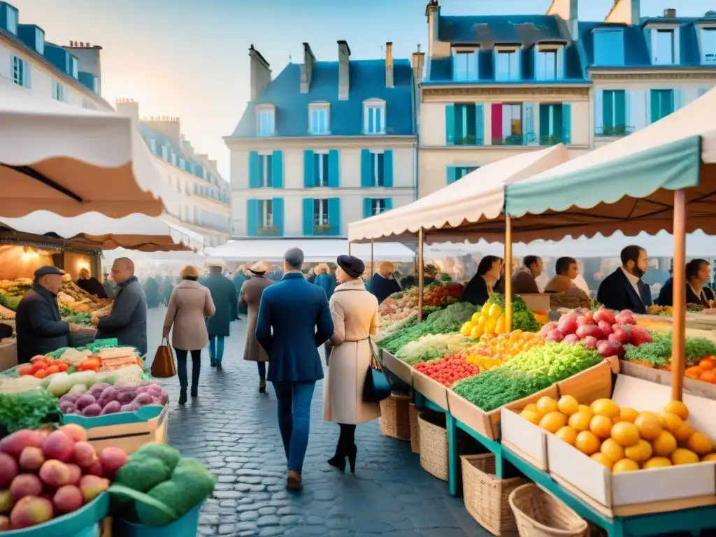 Una vibrante escena de mercado francés con productos frescos y coloridos, reflejando los beneficios de la gastronomía francesa para una vida saludable