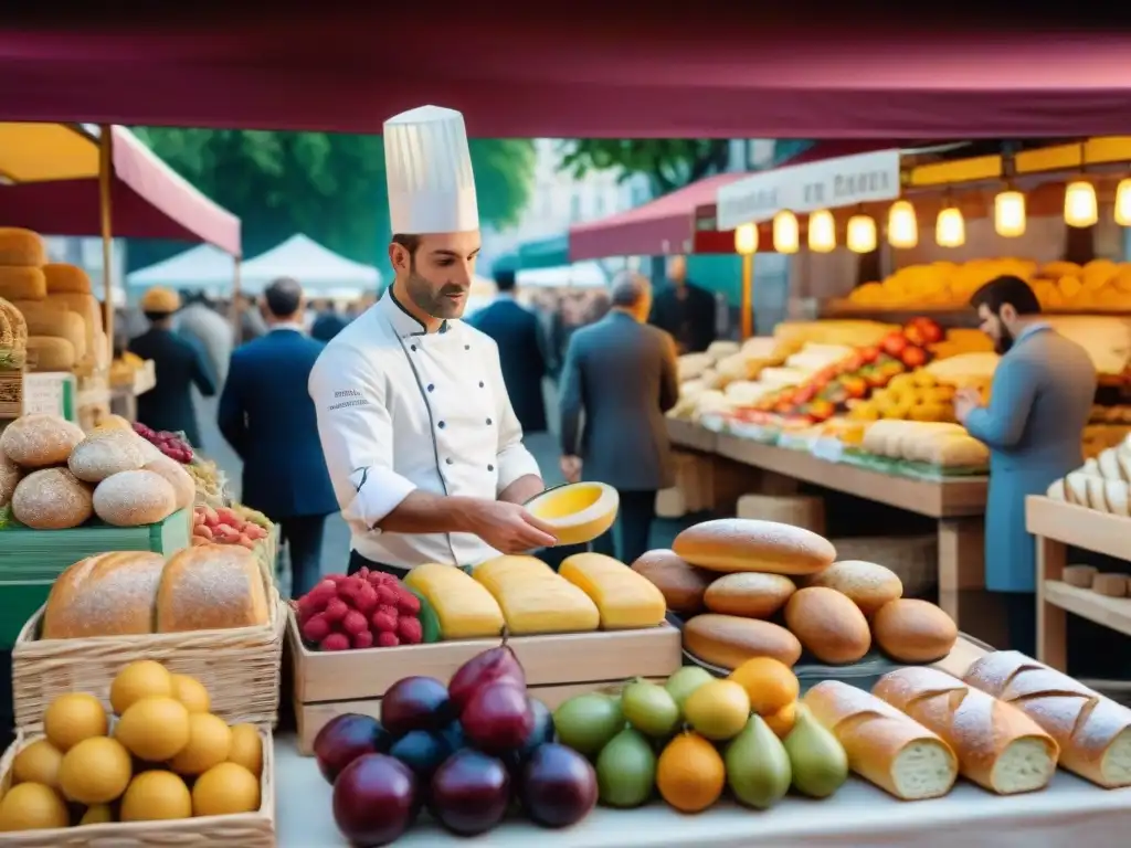 Vibrante escena de un mercado francés con influencia cultural gastronómica francesa