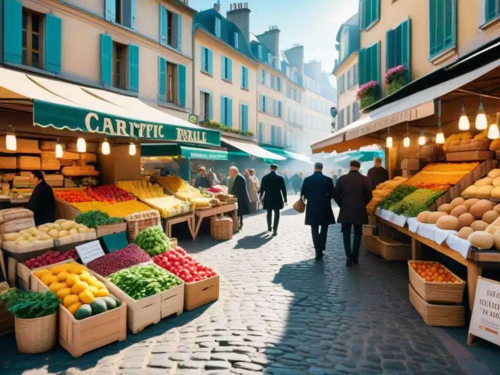 Vibrante escena de mercado francés: puestos rebosantes de frutas, pan artesanal y quesos, vendedores y clientes