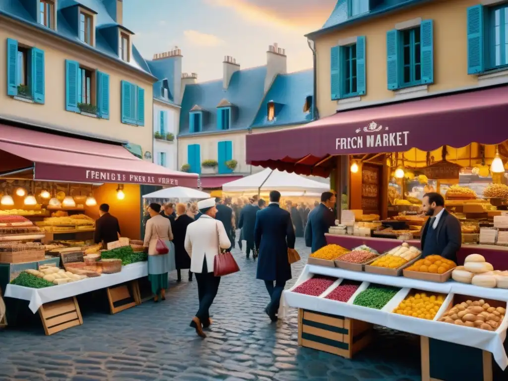 Vibrante escena de mercado francés con gastronomía tradicional versus innovadora