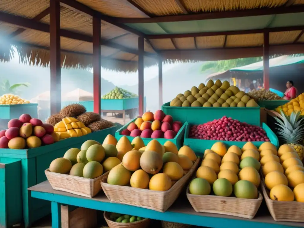 Una vibrante escena de mercado de frutas tropicales en Guadalupe para postres tradicionales