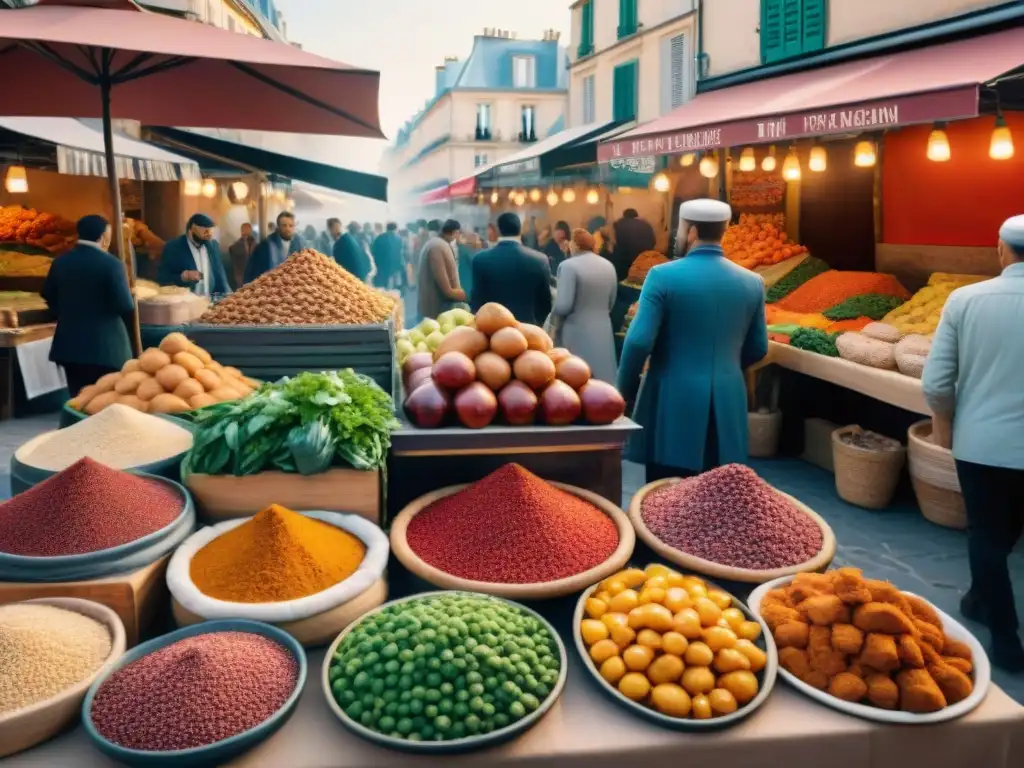 Vibrante escena de mercado en París con Tajines en París, fusionando gastronomía francesa y árabe