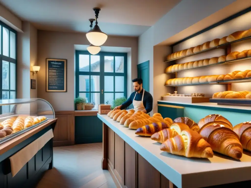 Vibrante escena en una panadería francesa tradicional, reflejando la influencia cultural de la gastronomía francesa