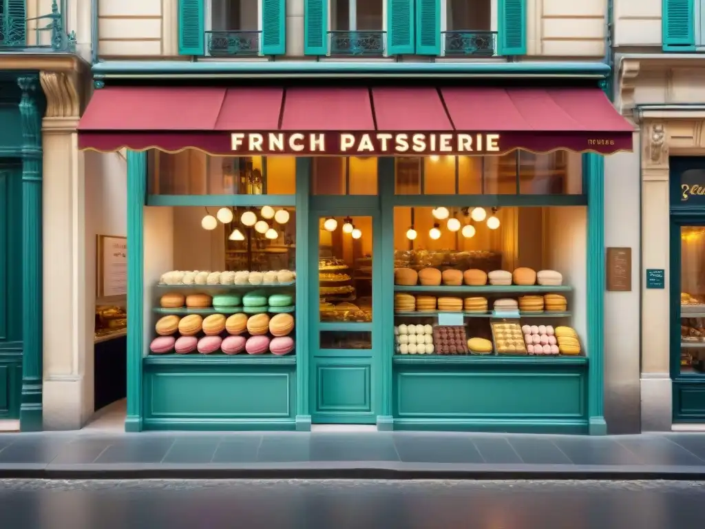 Vibrante escena de una pastelería francesa en París, destacando la importancia de la cultura cafetera y pastelera