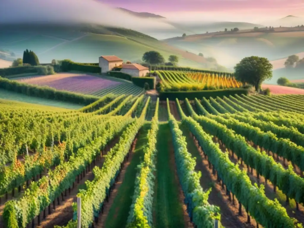 Vibrante escena de vinificación sostenible en gastronomía francesa: viñedo al atardecer con trabajadores cosechando uvas bajo un cielo multicolor