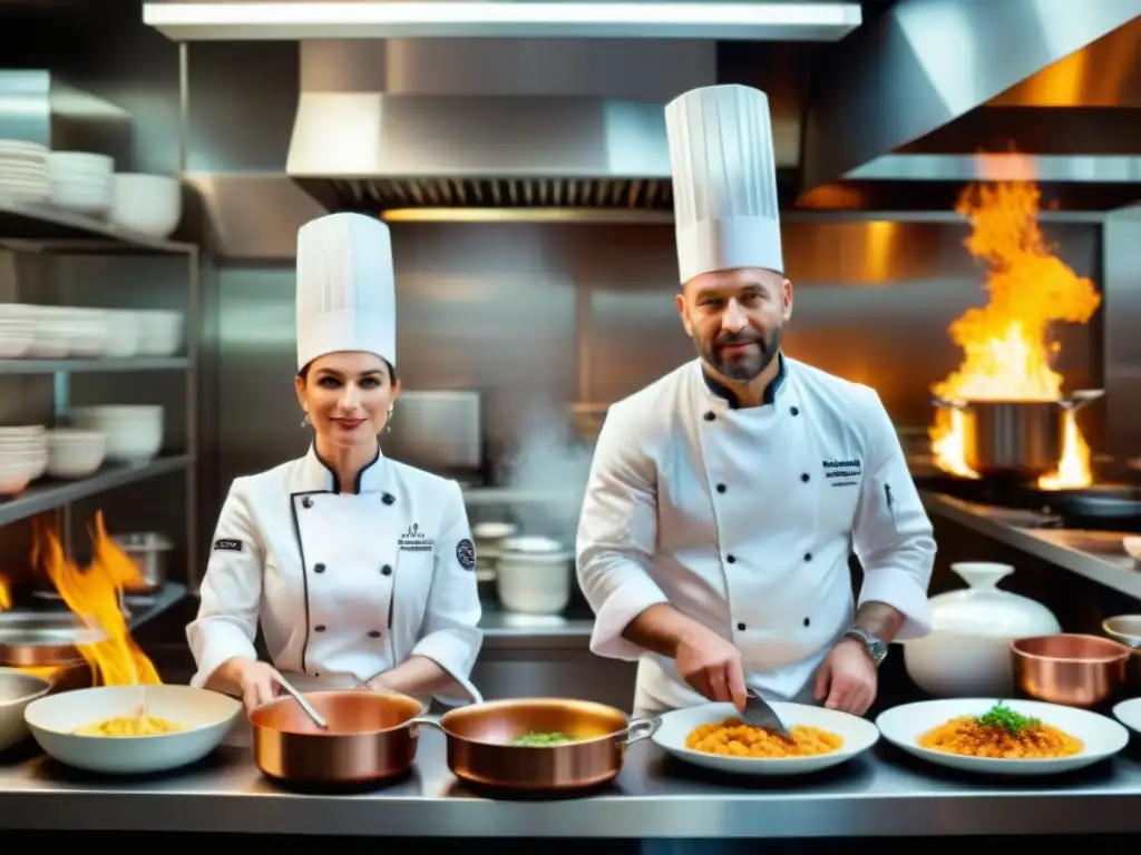 Un vibrante escenario de cocina francesa con chefs en uniforme blanco, mostrando precisión y trabajo en equipo