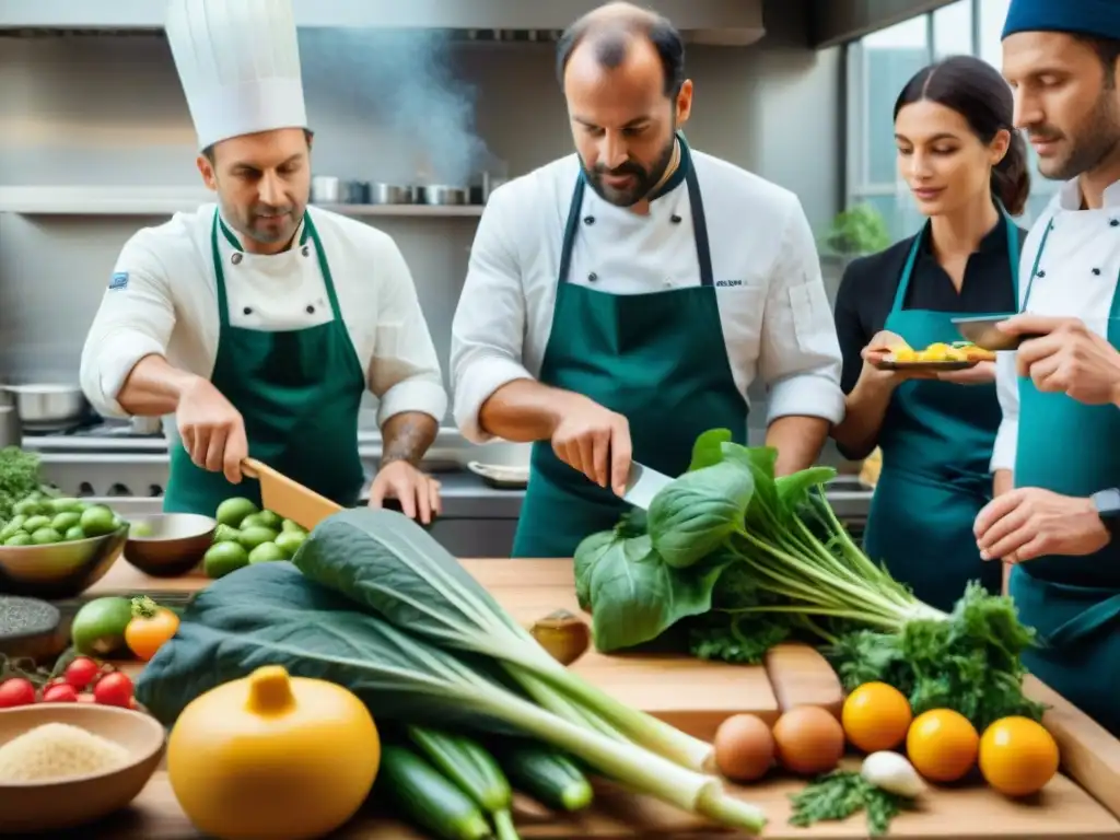 Un vibrante escenario de cocina francesa con chefs y agricultores colaborando en recetas francesas permacultura innovadoras