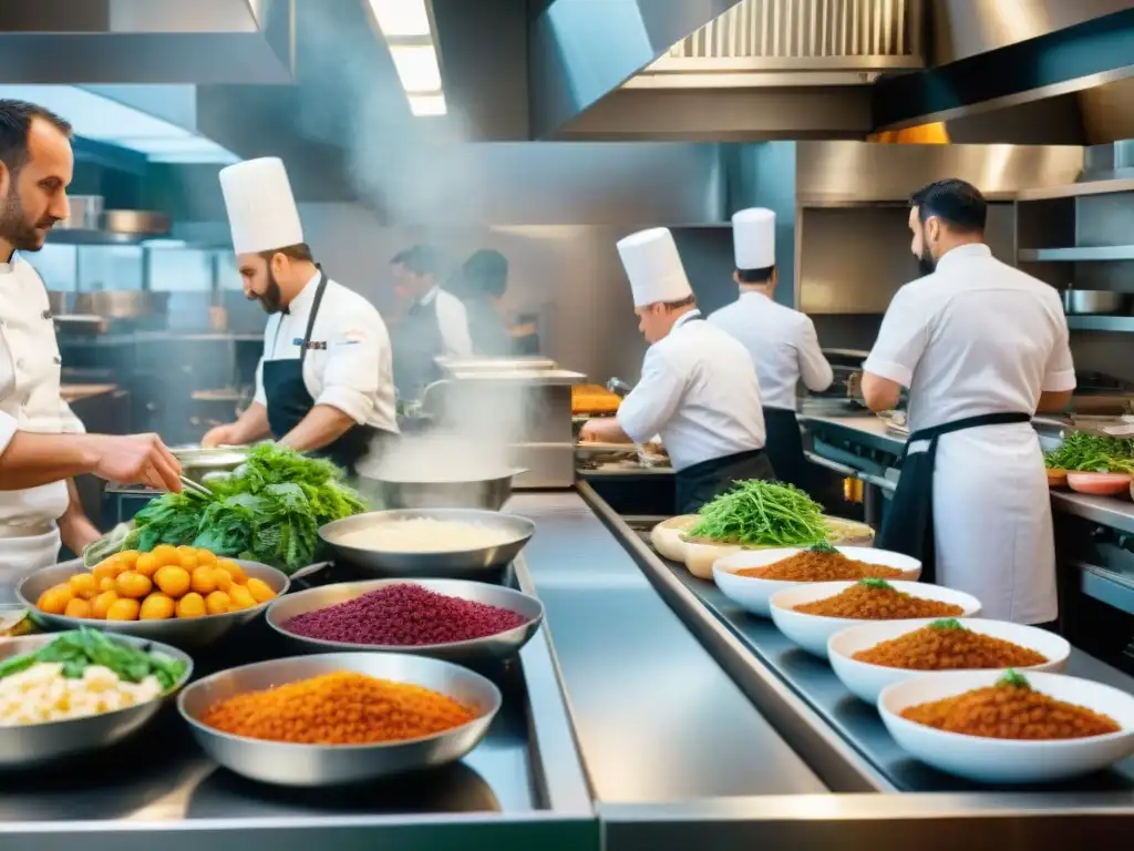 Un vibrante escenario de cocina francesa durante el servicio de cena, chefs de diversas culturas trabajan en armonía