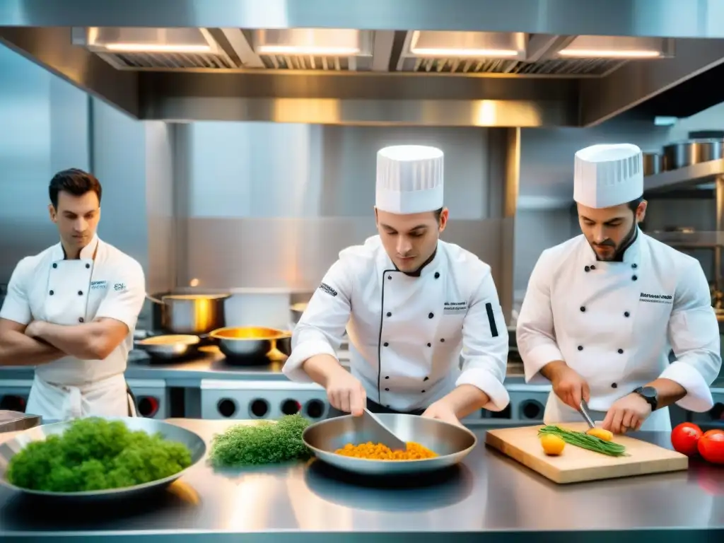 Cocina francesa de prestigio: aprendices en acción Un vibrante escenario en la Escuela de cocina francesa: estudiantes enfocados en tareas culinarias bajo la atenta mirada de instructores