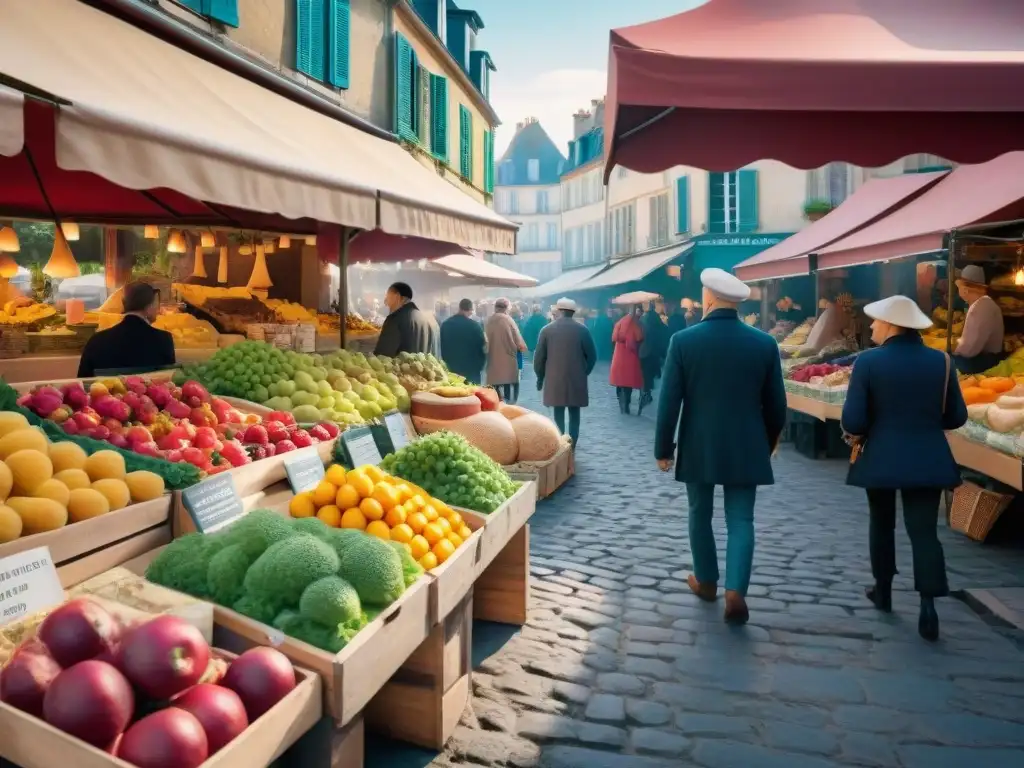 Un vibrante escenario de mercado francés con comida y arte, donde la diversidad y la exquisitez se funden