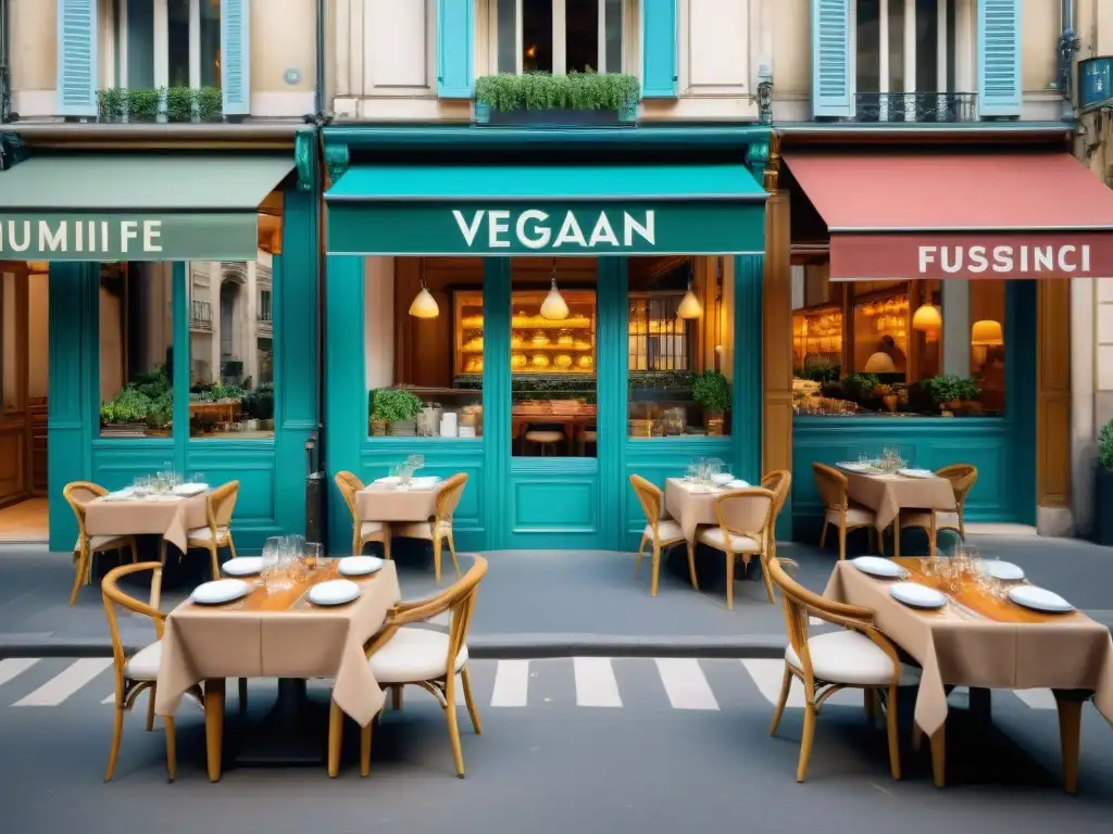 Un vibrante escenario en París con restaurantes franceses veganos innovadores y elegante decoración ecofriendly