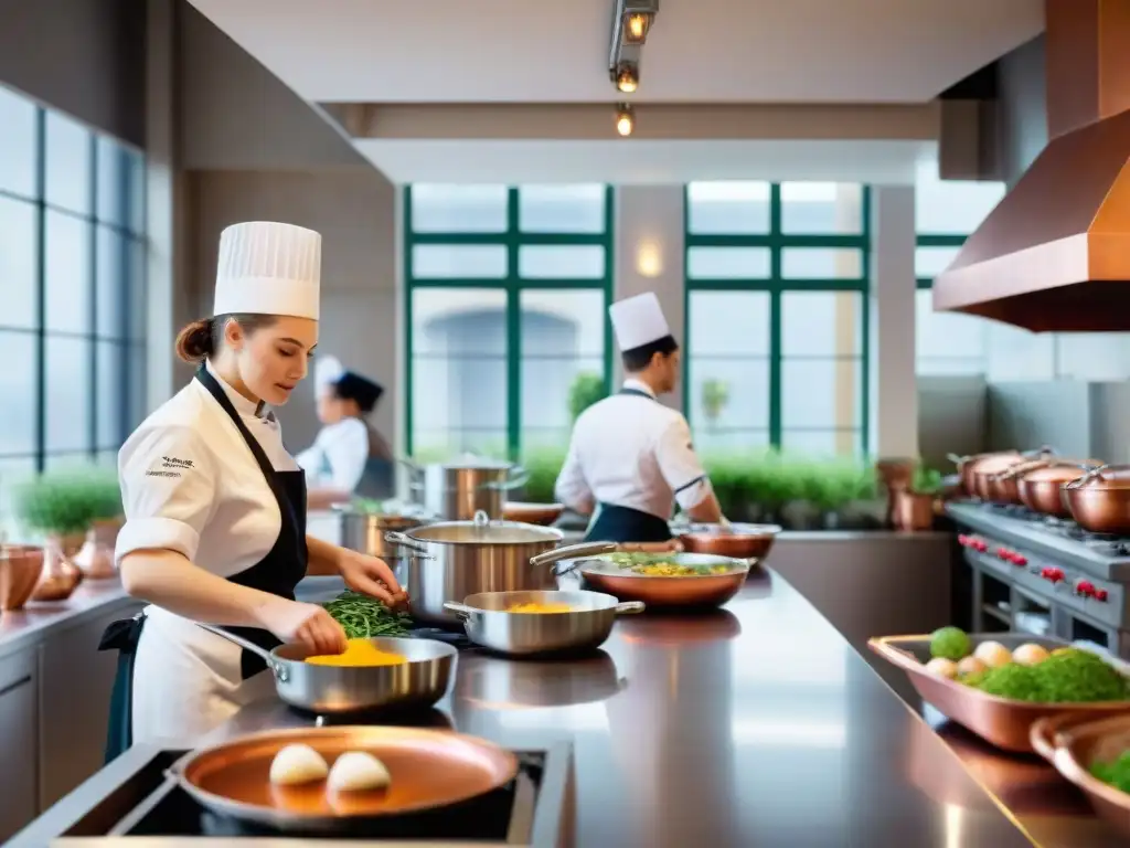 Vibrante escuela de cocina francesa con estudiantes creando platos, ingredientes coloridos y ollas de cobre vintage